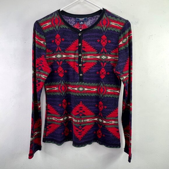 Y2K Chaps Henley Shirt S Thermal Waffle Knit Aztec Southwestern Blue Red - Picture 1 of 5